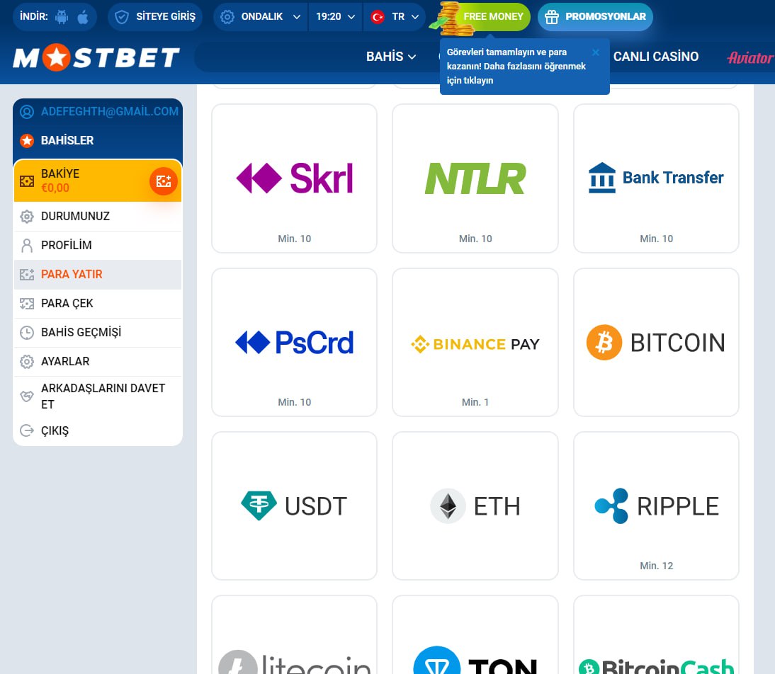 Mostbet para yatırma ve çekme işlemleri